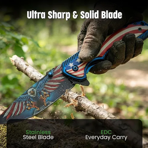 Vista 5 de SZCO 300583 - Cuchillo plegable EDC con mango de titanio American Eagle de 8.25 pulgadas con clip de bolsillo, rojo, blanco y azul