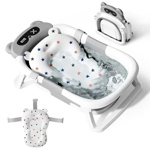 Vista 8 de Bañera para bebé, bañera plegable para recién nacidos a niños pequeños (0-18 meses), bañera plegable para viajar con termómetro, cojín suave, azul