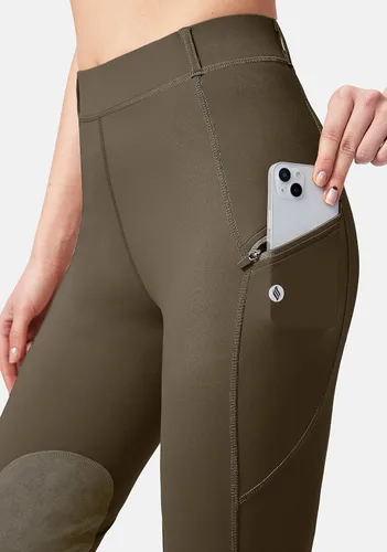 Vista 4 de SANTINY Pantalones de equitación para mujer con bolsillos con cremallera, mallas de escuela con parche en la rodilla, pantalones ecuestres para mujer