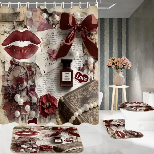 Vista 4 de DDQQ Juego de 4 Piezas de Cortina de Ducha de Labios Sexy para Mujeres con Lazo de Perlas, Juego de Decoración de Baño, Cortinas de Baño de Perfume
