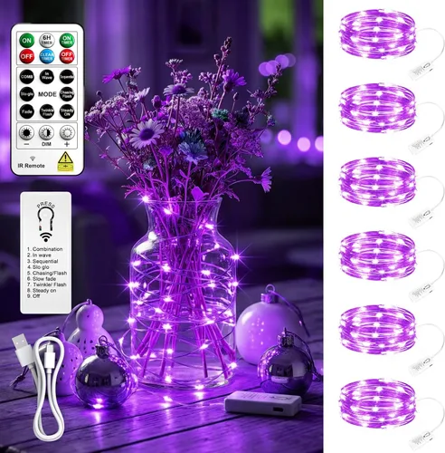 Vista 9 de Paquete de 4 50 luces LED que funcionan con pilas con temporizador de bricolaje, cadena de luces recargables de 16 pies para interiores, 8 modos