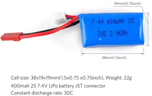 Vista 4 de Crazepony Batería LiPo de 400mAh 2S 7.4V 30C con enchufe JST para Micro FPV Racing Drone Quadcopter