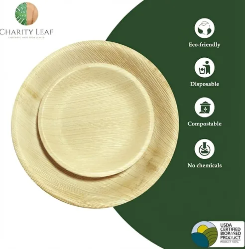 Vista 2 de Charity Leaf Paquete de 25 platos redondos de 10 pulgadas y 25 platos redondos compostables de hoja de palma de 7 pulgadas Perfecto para fiestas
