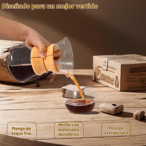 Vista 6 de Cafetera de goteo con filtro de goteo reutilizable de acero inoxidable, jarra de café de vidrio de borosilicato sin plomo con cuello de madera