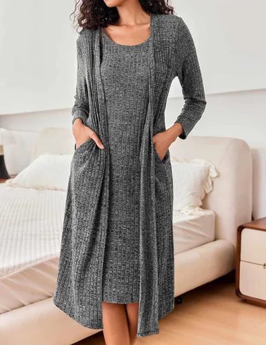 Vista 2 de Ekouaer Conjunto de bata de punto para mujer de 2 piezas con bata de manga larga con bolsillos, talla S 3XL