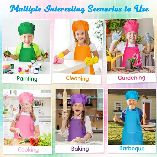 Vista 7 de Juego de delantal y sombrero de chef para niños, 6 piezas de delantal de cocina ajustable colorido para niñas y niños, juguete de simulación, regalo