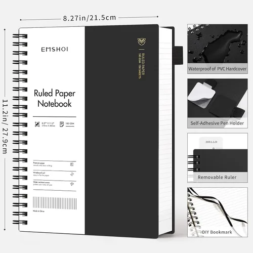 Vista 2 de EMSHOI Cuaderno en espiral A4 con líneas para diario, 28.5 x 21 cm, 300 páginas/150 hojas, papel grueso de 100 g/m², cubierta suave impermeable