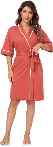 Vista 143 de COLORFULLEAF Bata de baño de manga corta para mujer, 100% algodón, longitud hasta la rodilla, con bolsillos