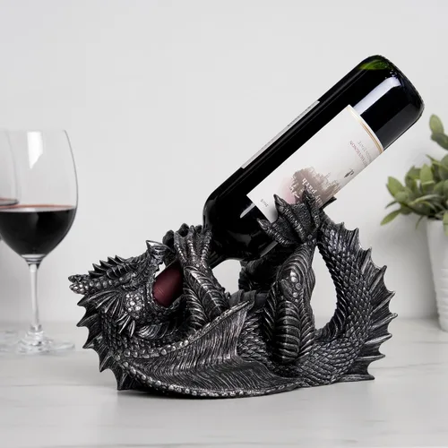 Vista 2 de TRUE 10143 soporte de poliresina para botella de vino con diseño de dragón decorativo, soporte para una sola botella de vino, soporte para botellas