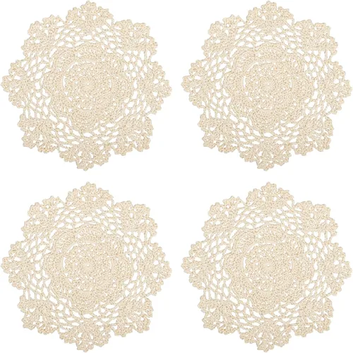 Vista 8 de kilofly Juego de manteles individuales de encaje de algodón de ganchillo, 4 unidades, beige, floral, 7 pulgadas