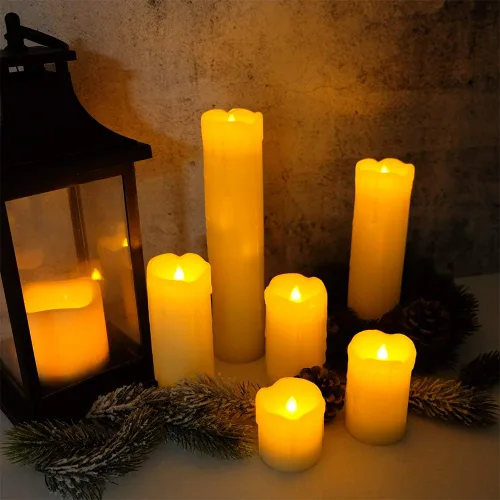 Vista 2 de Velas parpadeantes sin llama que funcionan con pilas (batería incluida) con temporizador de 6 horas, juego de 6 velas LED de cera goteante