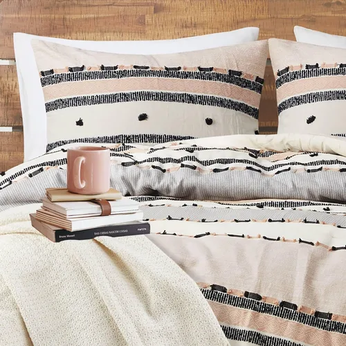 Vista 6 de Hyde Lane Juego de edredón bohemio tamaño Queen, ropa de cama moderna tamaño Full estilo casa de campo, parte superior de algodón con rayas jacquard