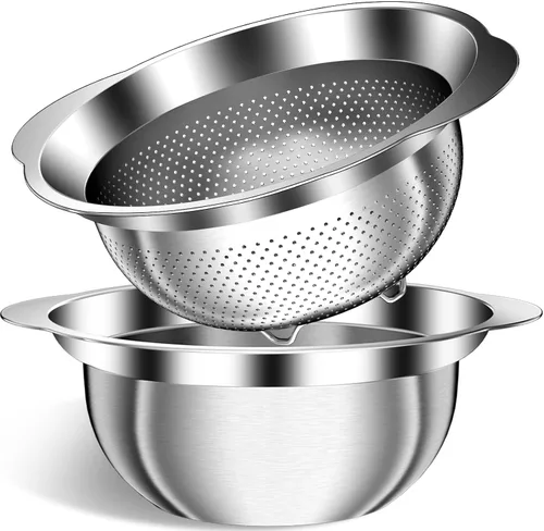 Vista 14 de Colador de acero inoxidable con tazón para mezclar, lavadora de arroz, colador para cocina, colador de arroz, lavado de frutas y verduras, colador