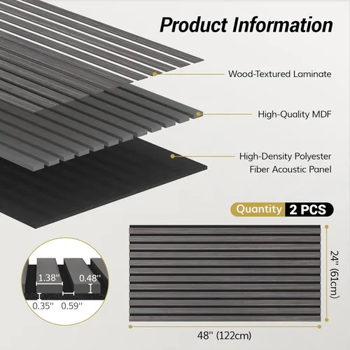 Vista 2 de TONOR 2 paneles de listones de madera, paneles acústicos adhesivos de 48 x 24 pulgadas para pared, paneles decorativos 3D estriados para absorción