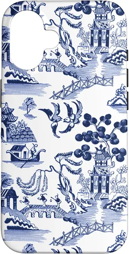Vista 31 de iPhone 14 Pro Preppy Azul y Blanco Willow Patrón Chinoiserie Toile Case