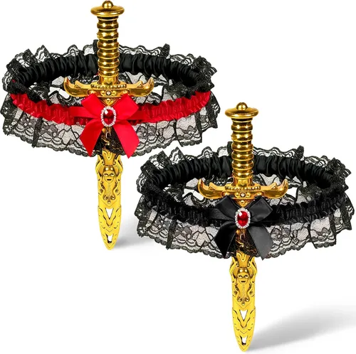 Vista 7 de 2 Pcs Bow Garter with Pirate Dagger Lace Bow Leg Ring Sword Leg Holster for Halloween Dress Up Props Negro