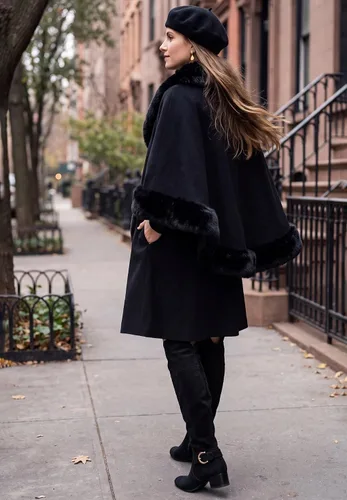 Vista 3 de Jessica London Faux Fur Trim Wool Cape Negro
