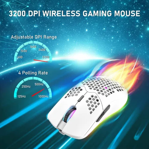 Vista 3 de XINMENG Ratón inalámbrico para juegos, diseño de panal ligero, 3200 DPI recargable, con 16 retroiluminación arcoíris, receptor USB, compatible