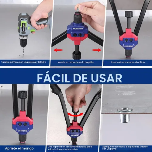 Vista 6 de WORKPRO Nutsert - Herramienta de tuerca remachadora de 16 pulgadas, kit de herramientas de remache con 11 mandriles métricos y SAE, kit surtido