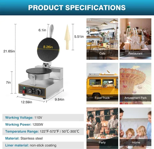 Vista 2 de IRONWALLS Máquina comercial para hacer gofres, 110 V, 1200 W, de acero inoxidable, eléctrica, para hacer gofres con bandeja de horno antiadherente
