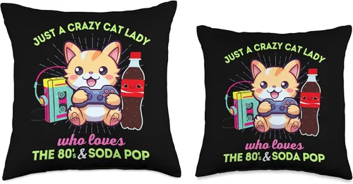Vista 3 de I Love The 80s Gaming Cats Soda Pop & Kawaii Crazy Cat Lady Who Loves Gaming Soda Pop & The 80s Kawaii Throw Pillow, 16 x 16 pulgadas, multicolor