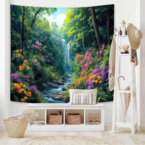 Vista 6 de Tapiz de cascada de bosque, flores de paisaje natural, tapices para colgar en la pared para hombres y niños, decoración de arte de pared, decoración