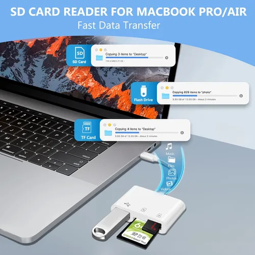 Vista 3 de Lector de tarjetas SD USB C para iPhone, lector de tarjetas de memoria 3 en 1, ranuras dobles con adaptador de cámara USB, adaptador de cámara
