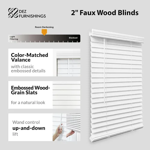 Vista 2 de DEZ FURNISHINGS Persiana inalámbrica de madera sintética de 2 pulgadas, 70 pulgadas de ancho x 64 pulgadas de alto, color blanco