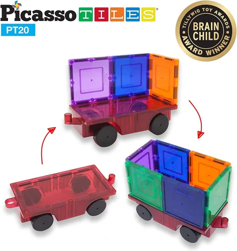 Vista 9 de PicassoTiles Figuras magnéticas + 100 azulejos magnéticos + 2 camiones de automóvil, juego de expansión de imán de acción de personajes de 8 piezas