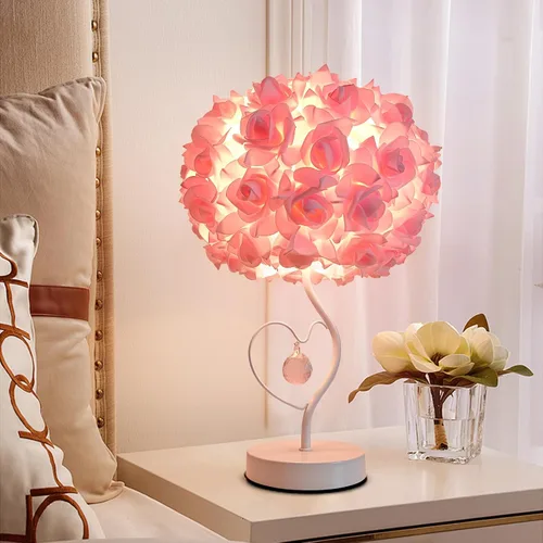 Vista 5 de ZYLEISENBAO Lámpara de Flor de Rosa Rosa Romántica Lámpara de Mesita de Noche Princesa Lámpara de Mesa de Flor para Mesita de Noche Luz de Rosado