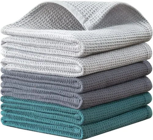 Vista 9 de QUILTINA Paquete de 6 paños de cocina de 12 x 12 pulgadas, 100% algodón, tejido de gofre, súper absorbentes, de secado rápido, color beige