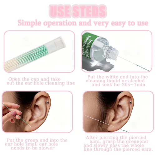 Vista 4 de Solución de limpieza de oídos perforada de 0.3 fl oz, limpiador de oídos, línea de limpieza de agujeros de oído, juego de hilo dental para cuidado
