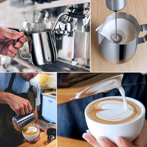 Vista 4 de Adorever Jarra espumadora de leche, taza espumadora de leche de acero inoxidable de 16 onzas y 16.2 fl oz, barra de café, cafetera de capuchino