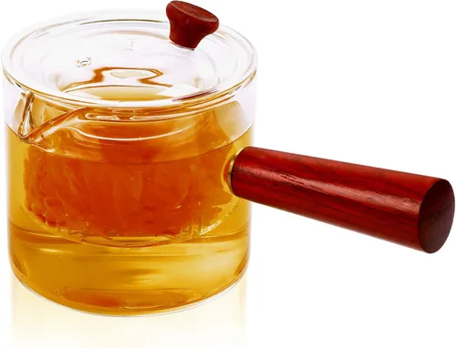 Vista 8 de WHJY Tetera de vidrio con infusor para té suelto, pequeña tetera mágica transparente para estufa, tetera japonesa transparente con mango de madera