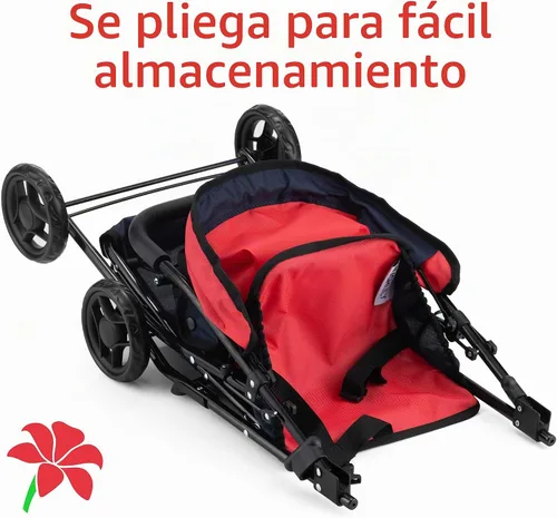 Vista 6 de Hushlily® Tandem - Cochecito de muñeca doble con toldo ajustable y cesta, plegable, con ruedas suaves (rojo y azul)