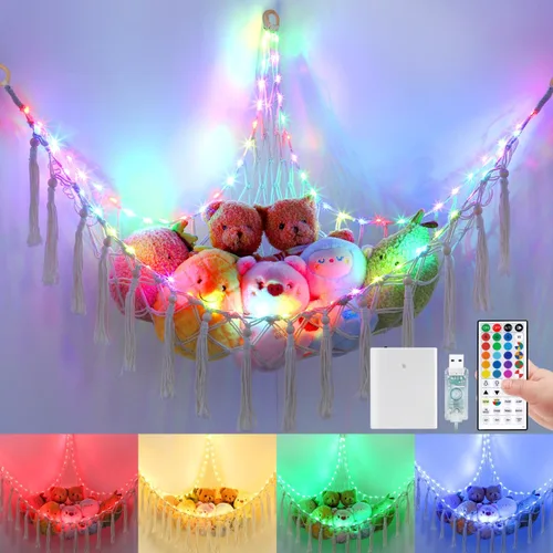Vista 11 de Hamaca de animales de peluche con 75 LED, hamaca de macramé de almacenamiento de juguetes extragrande de 55 pulgadas, red de juguetes colgante