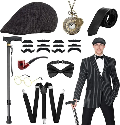 Vista 7 de WILDPARTY Disfraz de los años 20 para hombre, accesorios de disfraz de Gatsby de la mafia para hombres, gorra plana para hombre para fiesta