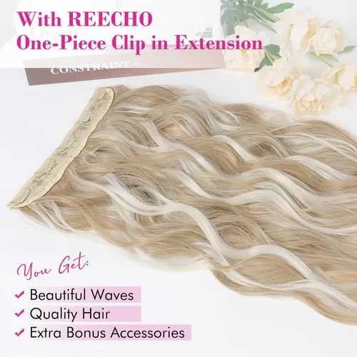 Vista 4 de REECHO Extensiones de cabello rubio, extensiones de una pieza con clip de 20" para mujer, extensiones de cabello sintético suave y natural con ondas