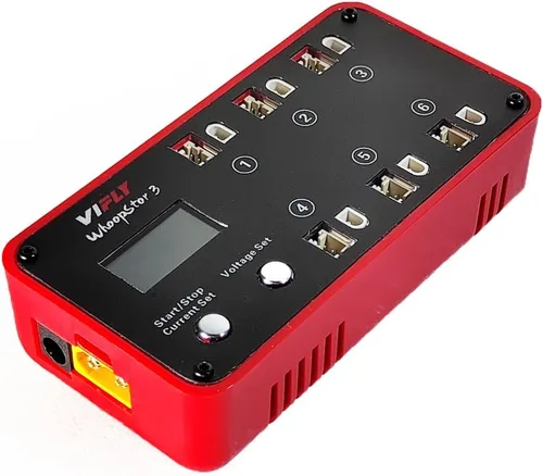 Vista 7 de VIFLY WhoopStor V3 6 Puertos 1S LiPo Cargador de almacenamiento de batería y descargador con pantalla LCD Pequeño cargador Whoop con conectores