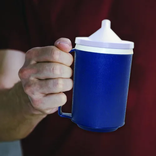 Vista 4 de Rehabilitation Advantage Taza azul aislada con tapa de snorkel blanca, sin