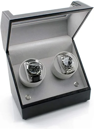 Vista 3 de Bobinadora de reloj doble con pilas en cuero negro, Negro -, Contemporáneo
