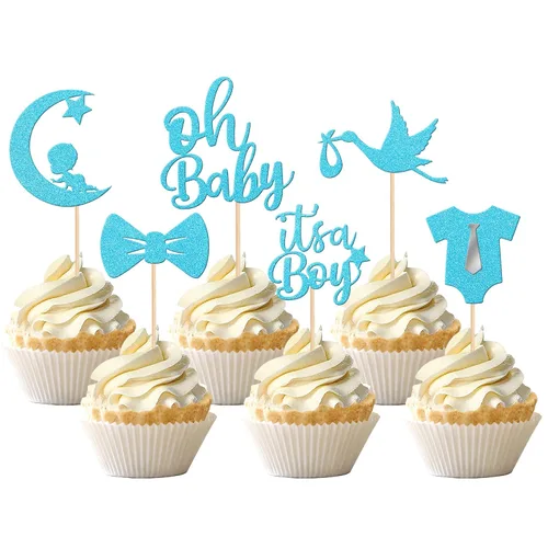 Vista 10 de 24 piezas de adornos para cupcakes con lazo con purpurina, vestido de luna Oh Baby para revelación de género, baby shower, fiesta de cumpleaños