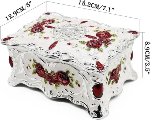 Vista 3 de AVESON Joyero rectangular de aleación de metal de lujo vintage con patrón de rosas para mujeres, niñas, diseño de dos capas, blanco y rojo, grande