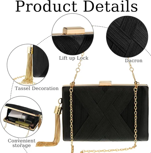 Vista 3 de Quelay Juego de 4 piezas de bolso de mano de satén para mujer, bolso de noche para banquete de boda, bolso de mano, collar vintage, aretes, juego