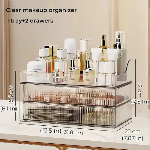 Vista 4 de Organizador de maquillaje para encimera, vitrinas de cosméticos grandes, organizador de cosméticos para el cuidado de la piel, 2 cajones