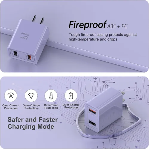 Vista 6 de [Paquete de 4] Cargador de pared USB-C, adaptador de corriente QC 3.0 de doble puerto de 30 W, bloque de carga rápida de doble enchufe compatible