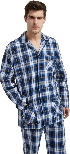 Vista 7 de GLOBAL Conjunto de pijama de 100 % algodón para hombre, pijama de manga larga con botones para hombre, ropa de dormir suave y cómoda