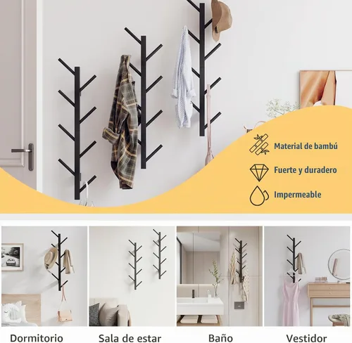 Vista 3 de Perchero de pared vertical de bambú para pared, perchero de pared, árbol, perchero, perchero flotante para sombreros, chaquetas, bolsos, entrada