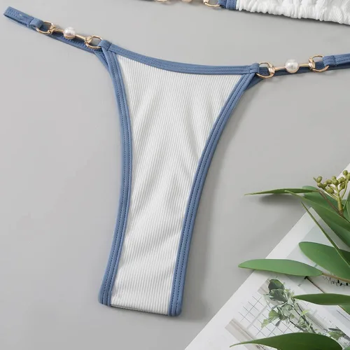 Vista 5 de Conjunto de bikini de tanga triangular acanalada con tanga micro tanga bikini parte inferior traje de baño de dos piezas
