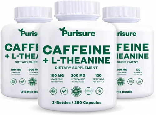 Vista 9 de Purisure Cápsulas de teanina de cafeína, píldoras de cafeína 100 mg L teanina para pre entrenamiento, energía y claridad, píldoras energéticas